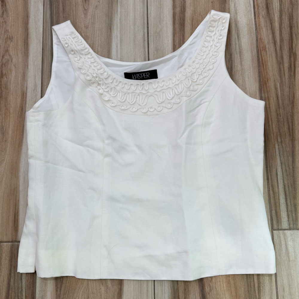 Kasper | Linen Blend Embroidered Top Size 14